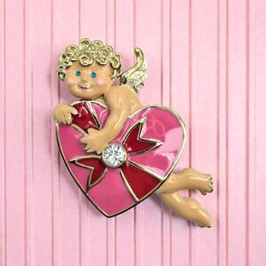 Bob Mackie Cupid Brooch Vintage Valentine Enamel Heart Angel Rhinestone Pin